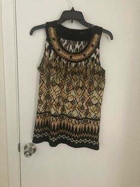 Sleeveless Beaded Neckline Tribal Print Top - Black & Gold
